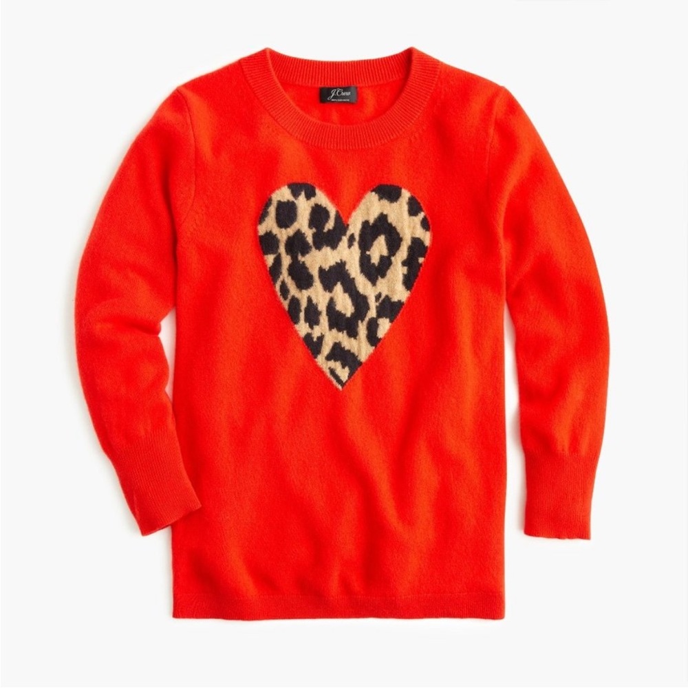 JCrew Red Cashmere Sweater with Leopard Print Heart Design